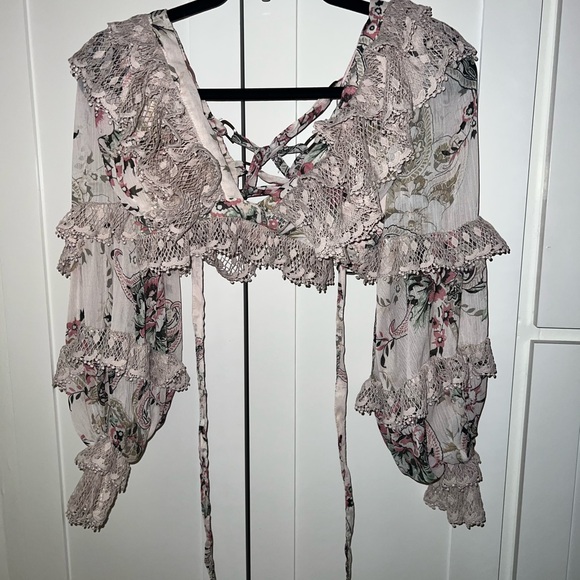 Floral Lace-Up Ruffle Blouse - Picture 3 of 7